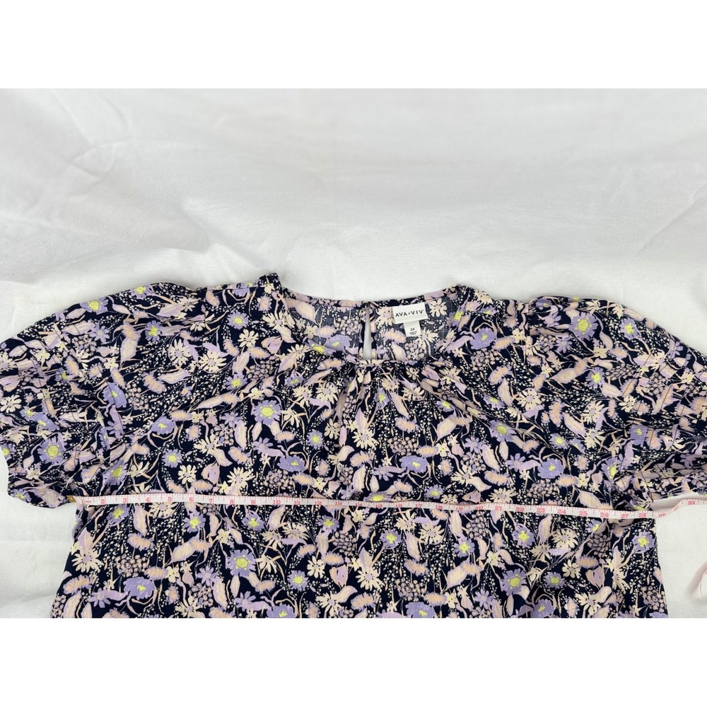 Ava & Viv Womens 2X Floral Cotton Shift Dress Navy Purple Tiered Puff Sleeve - Picture 8 of 8